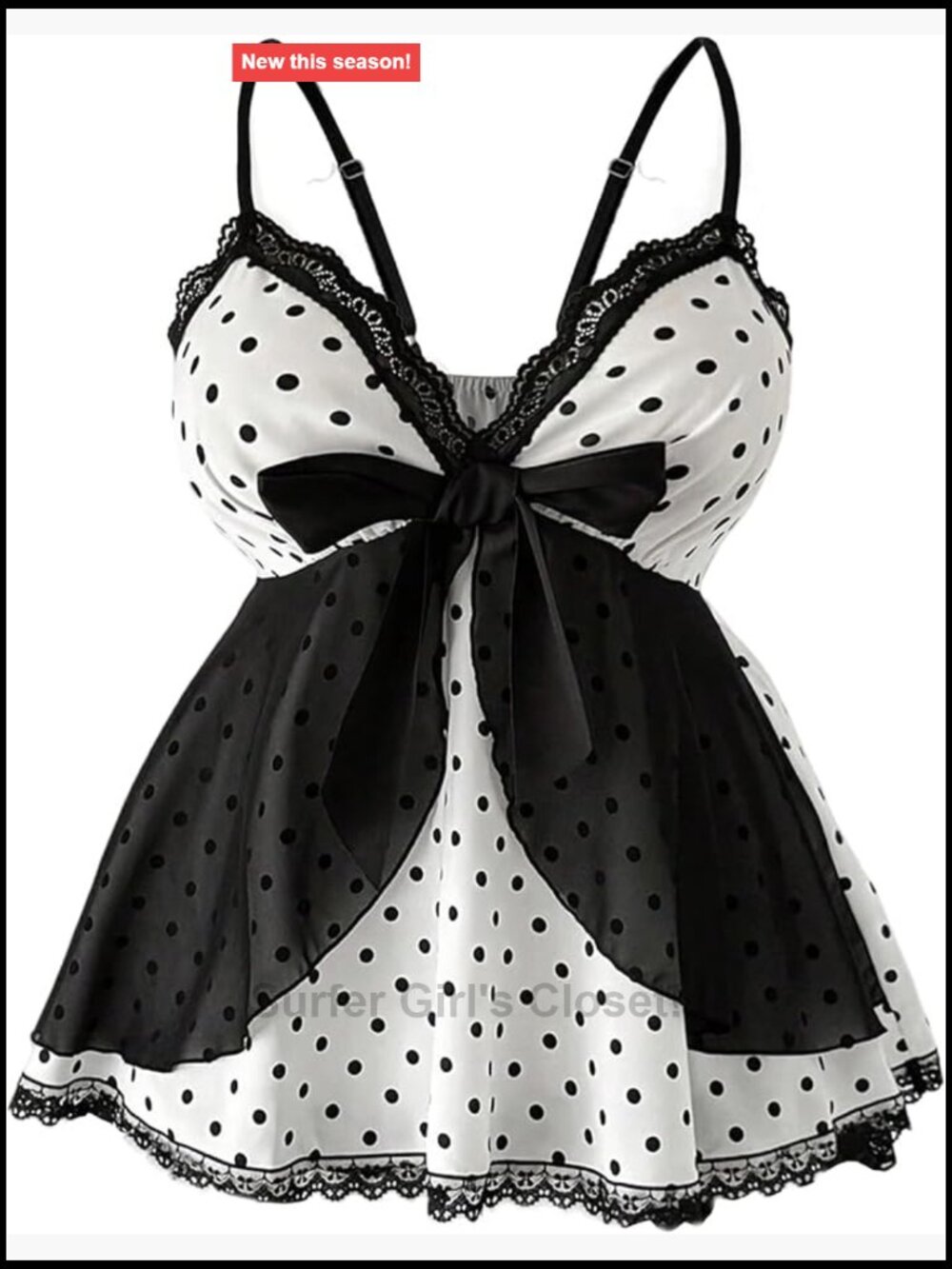 Plus Size Polka Dot Babydoll Top Lace Bow Spaghetti Strap Tank Sleeveless